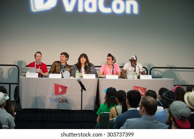 Anaheim, CA - June 23: (LR) Ryan Musselman, Matthew Patrick, Stacy Hinojosa, ThatOneTomahawk And Amra Ricketts Have A Panel Discussion At VidCon 2015 In Anaheim, California On June 23, 2015