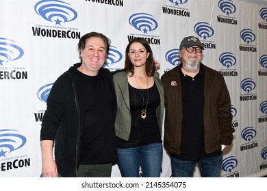 Anaheim CA US April 1 2022: John Murphy, Stephanie Economou and Kevin Kiner arrive at BMI's photocall for Anti-Heroes at Wonder Con 2022 Day one April 1, 2022