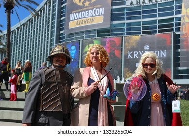 Anaheim, CA / USA - March 23, 2019: Three People In Cosplay Outfits Posing At Wondercon