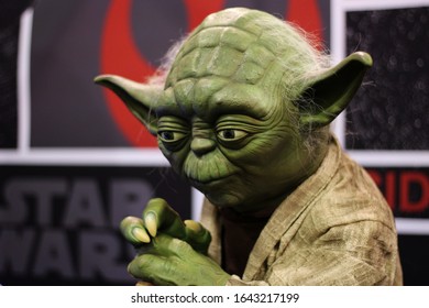 Anaheim, California - April 16 2015: A Lifelike Yoda Statue At Star Wars Celebration 2015.