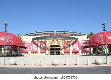 ANAHEIM, CALIFORNIA - FEBRUARY 24, 2017: Main Gate Entrance To Angel Stadium Of Anaheim. The Stadium Is Home To The Los Angeles Angels Of Anaheim.