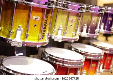 Anaheim, California, United States - 01-19-2020: A View Of Several Yamaha Marching Drum Snares On Display At The NAMM Show.