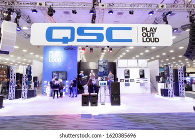 Anaheim, California, United States - 01-19-2020: An Establishing Shot Of The QSC Booth At The NAMM Show.