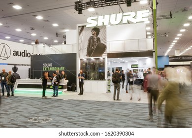 Anaheim, California, United States - 01-19-2020: A Long Exposure Establishing Shot Of The Shure Booth At The NAMM Show.