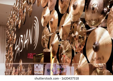 Anaheim, California, United States - 01-19-2020: A Closeup View Of The Cymbal Design On The Sabian Cymbal Booth At The NAMM Show.