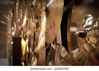 Anaheim, California, United States - 01-19-2020: A Closeup View Of The Sabian Cymbal Wall On Display At The NAMM Show.