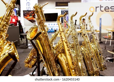 Anaheim, California, United States - 01-19-2020: A View Of Several Eastman Saxophones On Display At The NAMM Show.