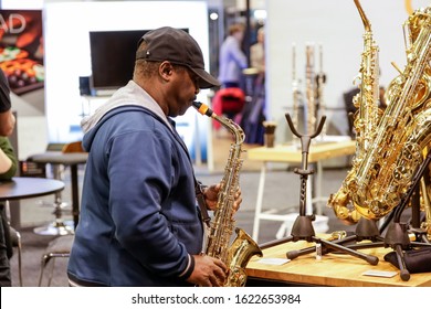 Anaheim, California, United States - 01-19-2020: A View Of A Man Playing The Saxophone At The NAMM Show.