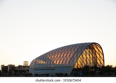 Anaheim, California, USA - January 10, 2021: Sunset Descends On The Anaheim Regional Transportation Intermodal Center In Heart Of Downtown Anaheim.