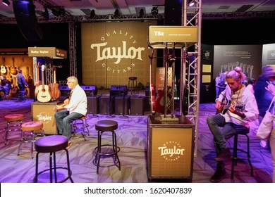 Anaheim, California/United States - 01/19/2020: An Establishing Shot Of The Taylor Booth At The NAMM Show.