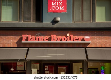 Anaheim, California/United States - 02/25/19: A Store Front Sign For The Restaurant Flame Broiler In Anaheim, California