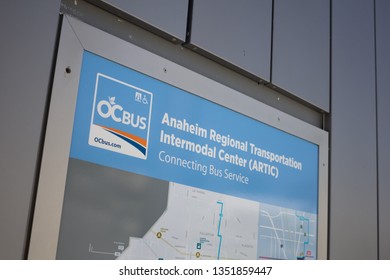 Anaheim, California/United States - 03/25/19: A Sign And Map To Director Passengers Out Of ARTIC Using OCTA Bus Transportation