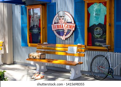 Anaheim, California/United States - 04/24/2019: A Bench Replica From The Forrest Gump Movie At The Themed Restaurant Known As Bubba Gump Shrimp Co.