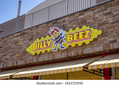 Anaheim, California/United States - 04/24/2019: A Store Front Sign For The Children's Family Fun Center Known As Billy Beez Inside The Anaheim Gardenwalk