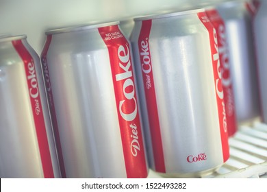 Anaheim, California/United States - 10/04/2019: Several cans of Diet Coke in a commercial refrigerator at a restaurant.