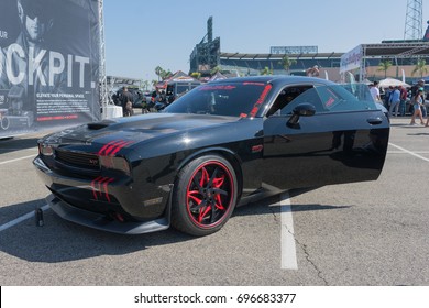 Anaheim, USA - August 13, 2017: Dodge Challenger SRT8 On Display During DUB Show Tour - Angel Stadium.