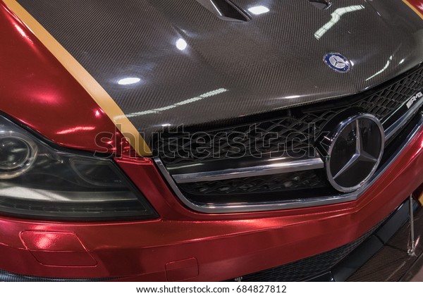 Anaheim, USA - July 22, 2017: Mercedes-Benz\
emblem on display during Spocom Super\
Show.