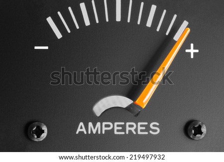 Analog amp meter or ammeter or ampere-meter measuring DC direct current in units called amperes.  Direct current amps charge positively and discharge negatively.