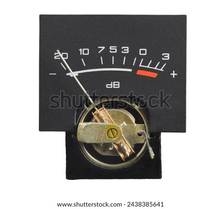 Analog arrow signal meter in decibel with black skale. Isolated on white background 