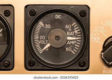 Analog dial, a voltmeter, displays remaining system power in volts. Shows electrical load draw in amps, indicating discharge of batteries in amperes. Aircraft instrument in a flight deck - Powered by Shutterstock