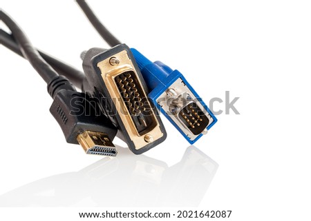 Analog and digital video cables, vga, dvi, hdmi, cables connectors for connecting a display, monitor, TV, projector to a computer, laptop, isolated on a white background