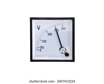 Analog high voltage alternating current voltmeter dial isolated on white background with clipping path. the scale reads four hundred volts.