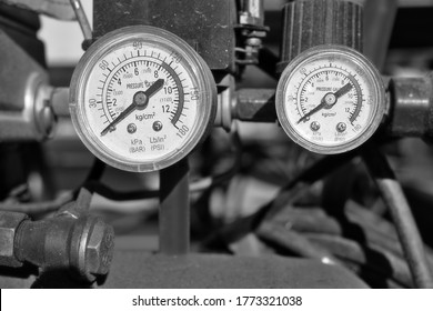 Analog pressure gauge/gage of air compressor in monochrome color - Shutterstock ID 1773321038