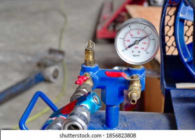 Analog pressure gauge/gage of air compressor.  - Shutterstock ID 1856823808