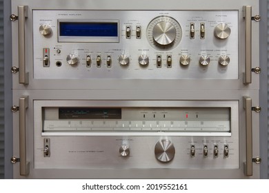 An analog stereo amplifier and a stereo analog tuner in a low-current rack.