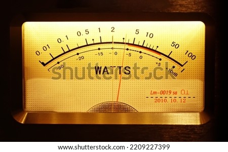 Analog VU meter with Decibel meter. Decibel power level. A volume unit. Device displaying a representation of the signal level in audio equipment.                        