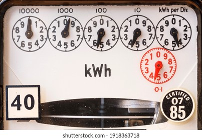 Analogue Electricity Meter With Dials, Old Electric Meter Reading In A Home In England, UK