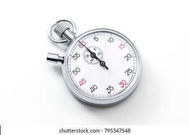 Analogue metal stopwatch on the white background.