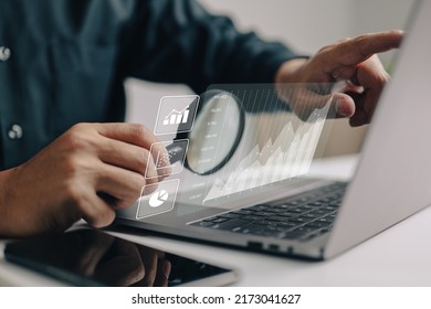 The analyses of large amounts of data and the idea of business intelligence. Charts of the company finances are displayed on a screen that is simulated.