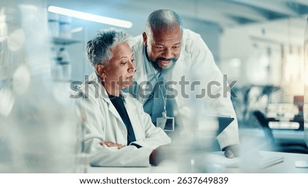 Analysis, collaboration and scientists with tablet, lab or discussion for medical research for team. Healthcare, science and mature people with tech for biotechnology, breakthrough and communication