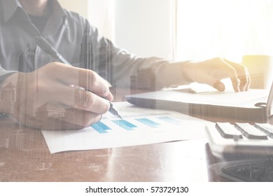 Analysis Concept: Double exposure of businessman working with laptop. Noise is visible from photo filter effect - Shutterstock ID 573729130