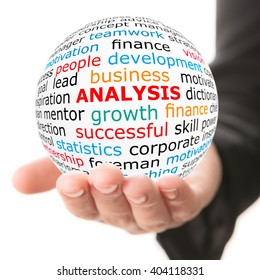 Analysis concept. Hand take white ball with analysis word in red color.