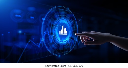 Analysis Data Business Analytics. Hand pressing button on virtual screen.