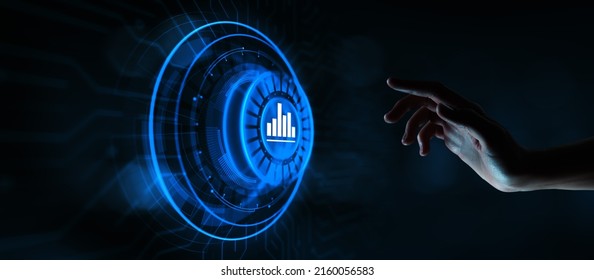 Analysis Data Business Analytics. Hand pressing button on virtual screen.