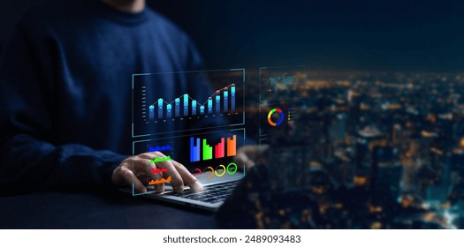 analysis data plans show a dashboard chart on the computer, analytics business, reports, and research on platform digital technology—the concept of analysts managing the system database.