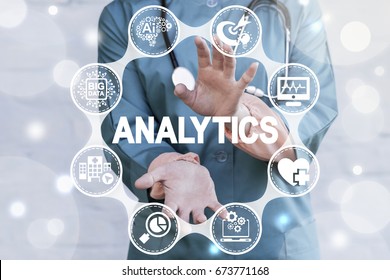 Analysis Data Smart Health Care. Doctor Offers Analytics Word Icon On Virtual Screen. Medical Information Technology Analysis.