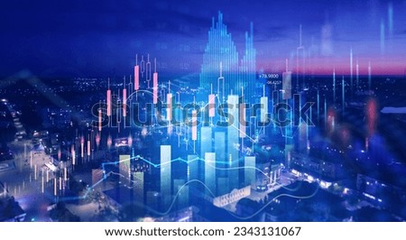 Analysis finance graph and market chart investment.Trade technology, and investment analysis.Big data chart on city backdrop.Business development, financial plan and strategy.