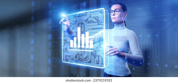 Analysis Financial Big Data Analytics Business technology concept. Businesswoman pointing on virtual screen.