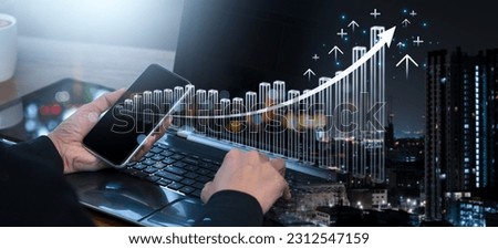 Analysis of global business expansion and a graph of asset investments Finance and Business Arrow pointing up Economic hologram, analysis of global economic trends, and financial graph analysis .