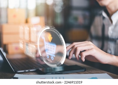 Analysis of online merchandising business reports, with charts and market statistics, shopping carts and promotional items, ecommerce concept and online selling website 