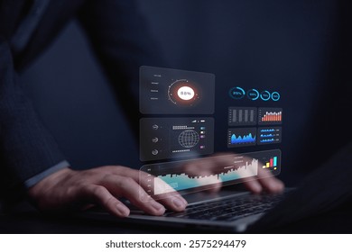Analyst to analyze data. Shows a dashboard chart for business data analysis and metrics connected to the database for digital technology, Analytics concept, Social network, operations