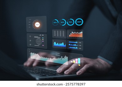 Analyst to analyze data. Shows a dashboard chart for business data analysis and metrics connected to the database for digital technology, Analytics concept, Social network, operations - Powered by Shutterstock - Get 15% off with code: PIKWIZARD15