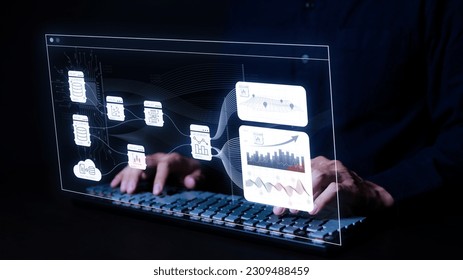 Analyst analyzing enterprise data management on the dashboard screen, business analytics with charts, metrics and KPI to improve organizational performance, marketing, financial organization strategy.