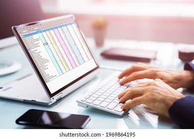 Analyst Auditor Using Electronic Spreadsheet On Hybrid Laptop Screen
