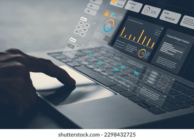 Analyst computer working with information database to analysis marketing sale data. Business project or program strategy planning and development for corporate operating finance and investment concept