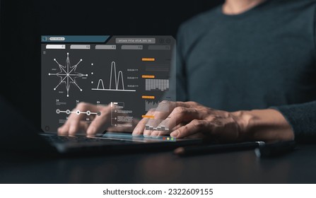 Analyst computer working with information database to analysis marketing sale data. Business project or program strategy planning and development for corporate operating finance and investment concept